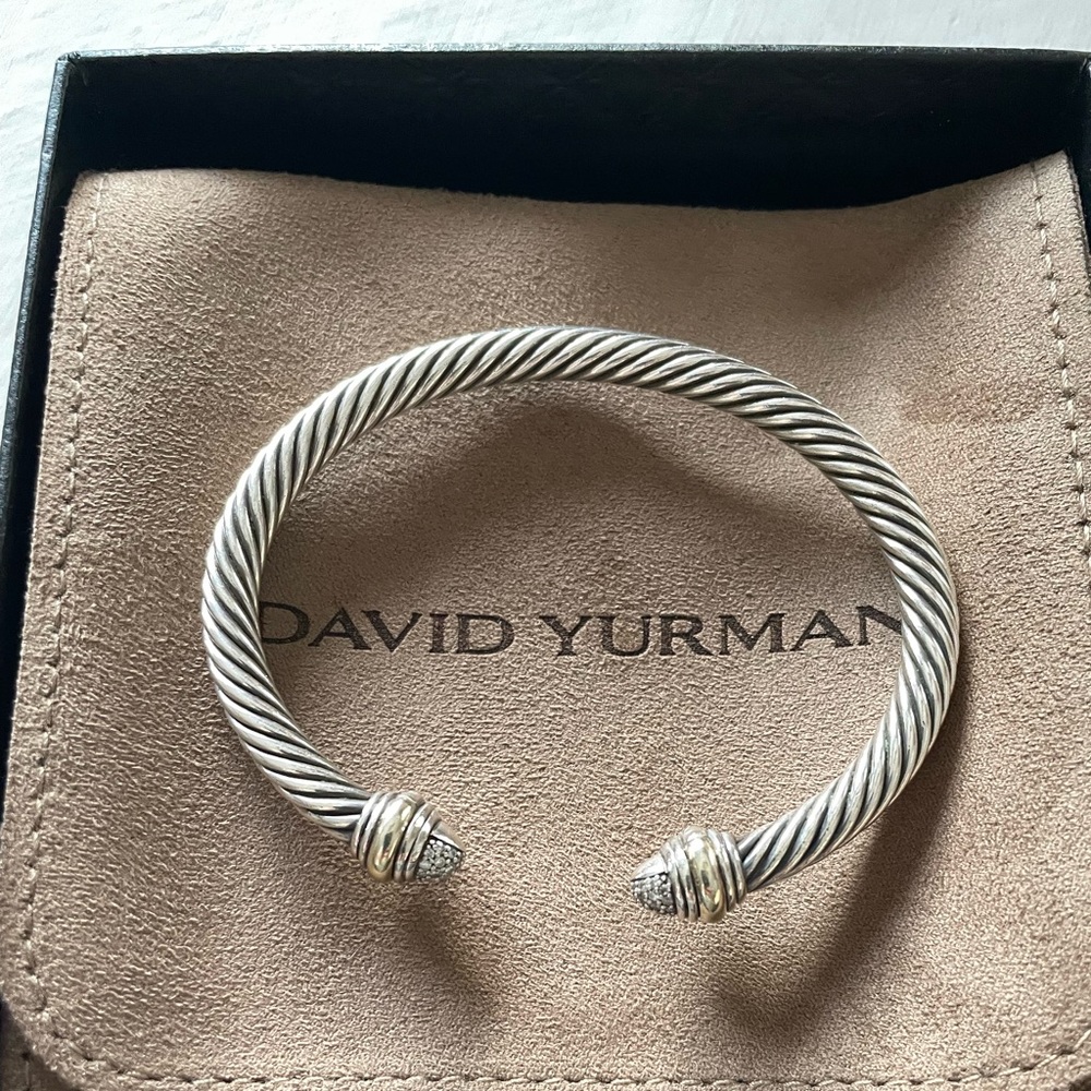 David Yurman 5mm Cable Bracelet Sterling Silver w/ 14K Gold Pave Diamond Domes - Picture 2 of 5